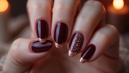 Luxurious close-up of almond-shaped nails in a deep, rich burgundy or dark red metallic finish, some with a subtle shimmer, perfect for a sophisticated look. 