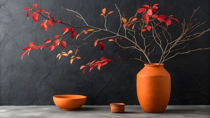 Still life with autumn flowers, apple, and small potted plants in a decorative vase