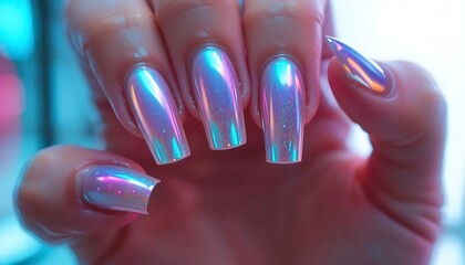 Captivating close-up of almond-shaped nails with a vibrant iridescent purple and blue chrome finish, shifting colors dynamically to create a mesmerizing effect. 