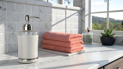 A clean, contemporary interior design featuring a luxurious bathroom with a modern sink, mirror, and a towel