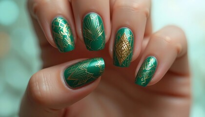 Close-up of almond-shaped nails in a vibrant metallic green finish, featuring some nails with a unique texture or glitter effect, perfect for a bold and modern look. 