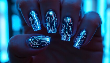 Striking close-up of almond-shaped nails in a vivid electric blue chrome or metallic finish, showcasing a futuristic and eye-catching appearance. 