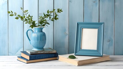 Green interior decor: a potted plant in a green vase on a wooden table by the window