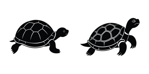 Turtle Basking on Shell Flat Silhouette on White Background