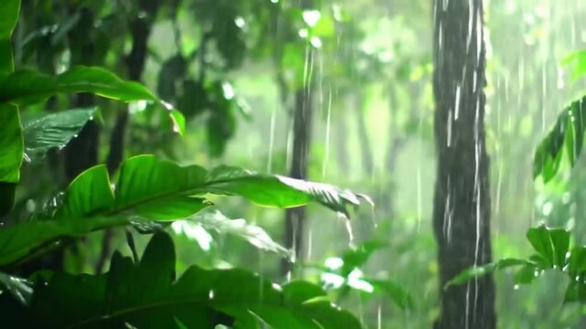 Cinematic shot of gentle tropical rain falling in a lush jungle, water droplets on leaves, soft lighting, ambient nature sounds implied, looping background, 4K ultra-realistic video.