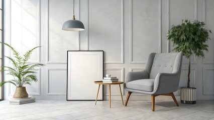 Modern home interior with white living room furniture, sofa, and chair on a wood floor, illuminated by natural light from a large window