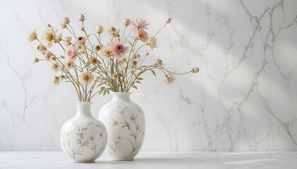 Delicate flowers arranged in decorative vases create a serene and elegant botanical display against a marble backdrop with soft light.