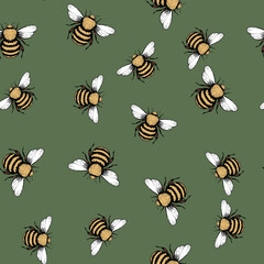 Seamless pattern with bees. Small wasp. Vector illustration. Design for invitation, cards, textile, fabric. Doodle style.