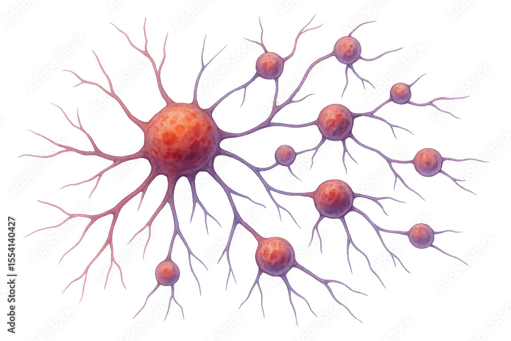 Poster illustration of neurons creating a network, connecting each other through dendrites and axons on a t