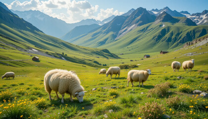 Fototapeta premium Fluffy sheep graze peacefully in a vibrant alpine meadow, surrounded by towering, sun-drenched mountains. A tranquil scene of nature's beauty.