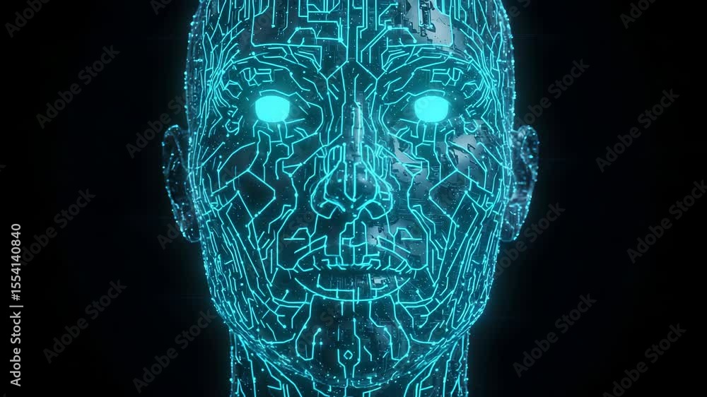 Canvas Prints digital human face with glowing blue eyes on black background representing artificial intelligence a