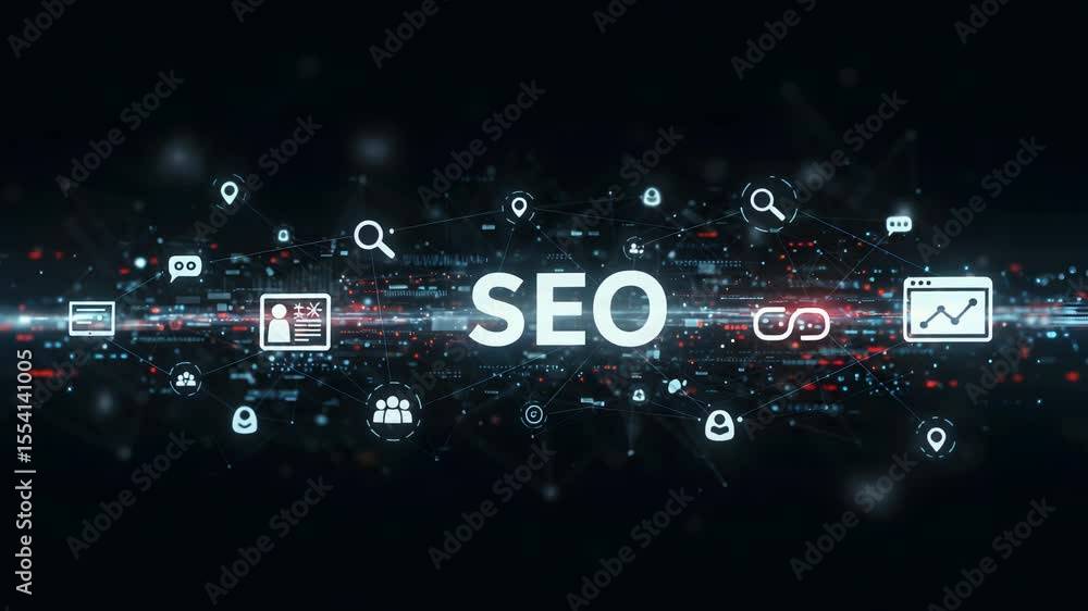 Aufkleber digital seo optimization white text on dark futuristic backdrop with network icons