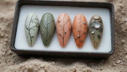 Close-up of five almond-shaped artificial nails showcasing an elegant design with a blend of muted green and peach tones, accented by delicate silver branch-like patterns and small metallic beads, cre