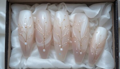 Elegant close-up of almond-shaped nails with a soft, translucent nude pink base, featuring delicate gold glitter accents and subtle white specks, offering a refined sparkle. 