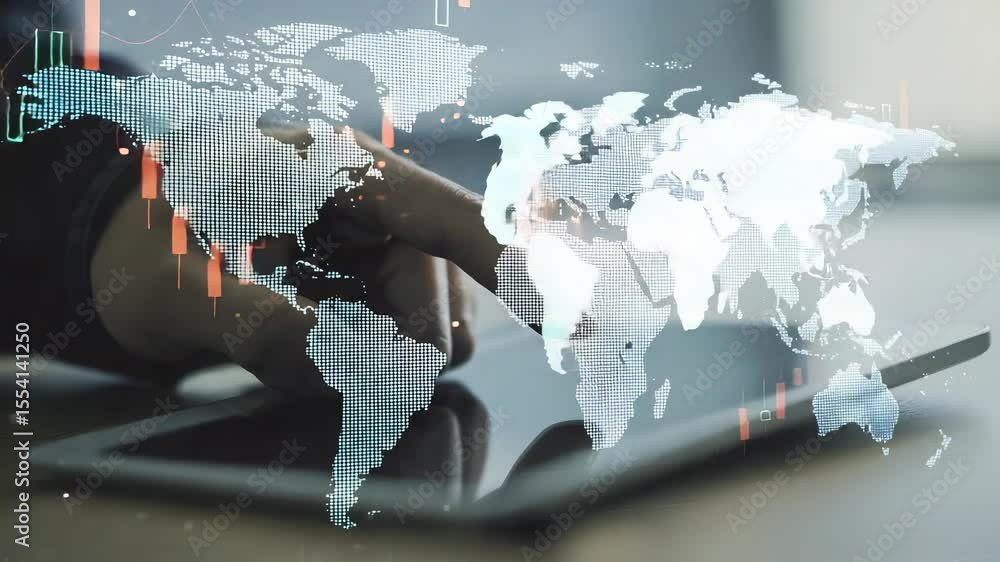 Aufkleber digital tablet displaying a world map with economic downturn graphs in soft lighting