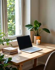 Fototapeta premium A cozy minimalist workspace setup as a home office with a laptop and candles by the window with warm natural light and plants and books, quiet with greenery and soft sunlight.