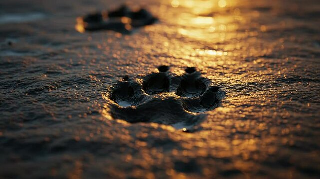 Dog Paw Prints on Wet Sand at Sunset with Golden Light Reflections and Detailed Texture