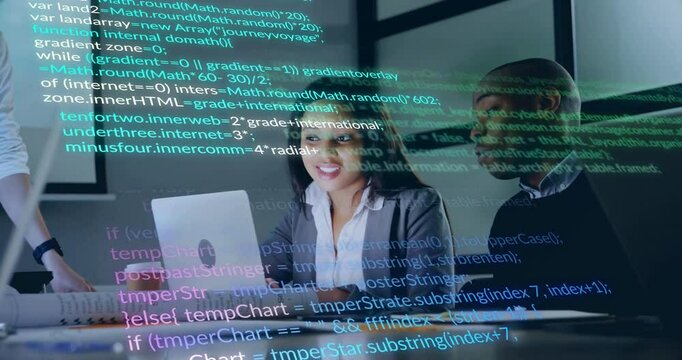 Software developer opening laptop and projecting code overlay while pair resolving coding issue