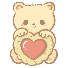 Cute Kawaii Bear holding a jam filled heart cookie Clipart Bakery Animal Illustration for Kids Stickers Greeting Cards Sublimation Digital Planners Cafe Themes Scrapbooking and Craft Projects