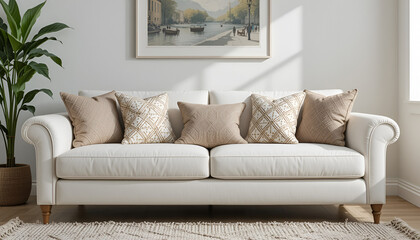 A bright living room scene showcases a comfortable white couch adorned with stylish beige and patterned throw pillows, enhancing home interior décor.