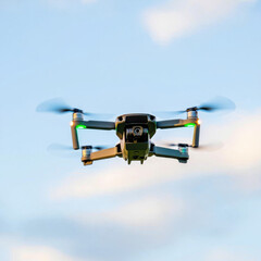 Drone flying with aerial photography, technology, and sky.