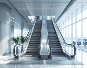High-end modern airport interior with luxury escalators and parallel staircase, sleek
