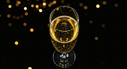 Festive Sparkling Champagne in Elegant Glass Golden Bokeh Lights Background Celebration Toast