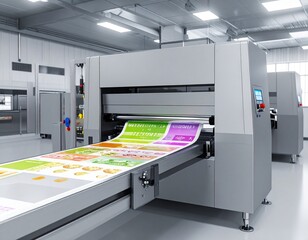 High-tech automatic label printing machine operating in a modern factory, printing 