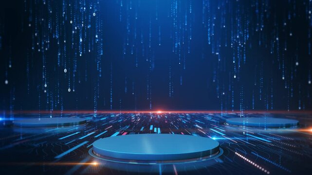 Podium 3D light HUD circle interfaces. Hi tech platform stage product Scene background 3D podium dark pedestal room glow studio empty stand floor night modern circle show space display game led black.