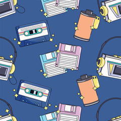 Seamless pattern background design, computer, tape, tv, casette, skateboard, brush, roller shoes, white, abstract, grunge, independence, vector art illustration design