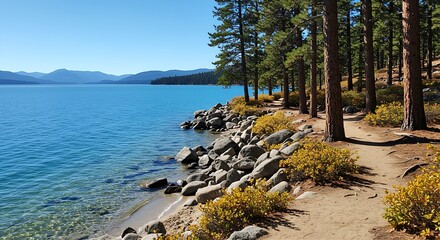 This picturesque image captures the tranquil beauty of a mountain lake, with its natural rock formations and lush green trees bordering the calm, inviting waters.
