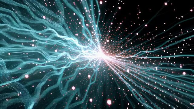 An abstract, non-physical space representing a digital network's core. Countless streams of light, like fiber optic cables, converge and diverge from a brilliant, pulsating central nexus. 