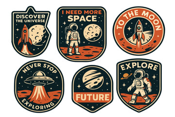 A collection of vintage space-themed badge illustrations with astronauts, rockets, planets, UFOs, and space exploration quotes. Perfect for stickers, patches, t-shirts, and other designs.