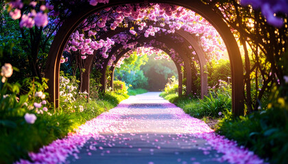Obraz premium Sunlit path through a floral archway, pink petals strewn along the way, lush greenery abounds, creating a romantic, spring ambiance