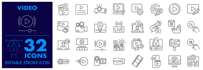 Video outline icon set. projector, camera, Cinema, media, film, viewer, Live, Play, Online Video, video, editing and Editable Stroke Icon