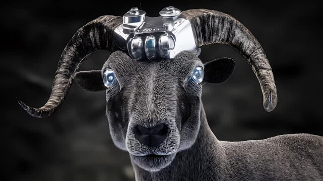 Detailed Ram Head with Silver Crown Digital Artwork on Dark Gray Background