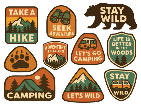 Outdoor adventure badge set featuring camping quotes and forest illustrations. Perfect for t-shirt designs, stickers, travel gear, or hiking-themed merchandise.