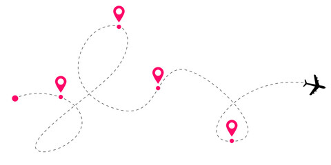 Dotted aircraft route lines with airplane flight paths and curved navigation trails showing dashed tracking connections for global aviation and travel themed stock illustration concepts