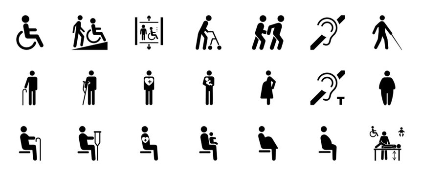 Set of accessibility icons showing disability support, mobility aids, hearing and vision impairment, elderly care, inclusive seating, parenting, and medical assistance.