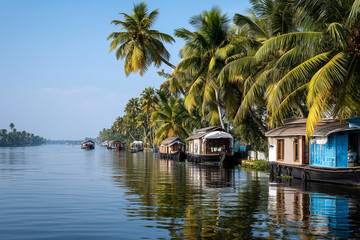 Backwaters of Kerala with houseboats, palm trees, realistic scene, sharp focus, tropical lighting, 