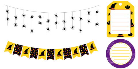Halloween garlands and stickers in purple orange black and yellow. Round square and rectangular labels with spooky themes. Vector decorations for party packaging scrapbooking and design.