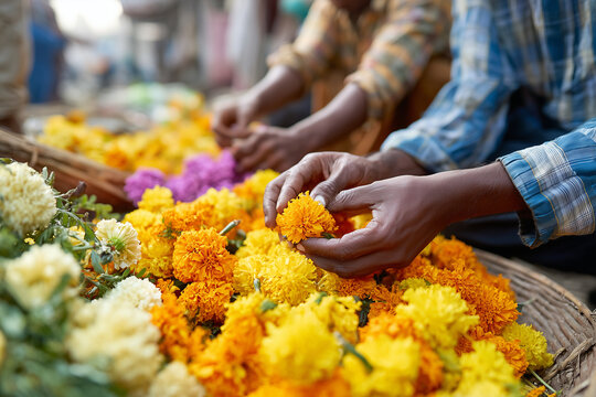 Madurai flower market scene, close-up of hands selecting colorful marigold flowers,