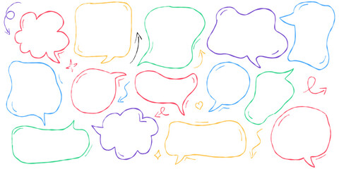 Crayon style hand drawn speech bubbles and talk clouds for text. Cute pastel dialog frames and doodle balloons for kids. Chalk line cartoon boxes with handwriting effect from Japanese design.