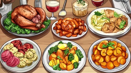 Festive Table Setting with Roasted Dishes