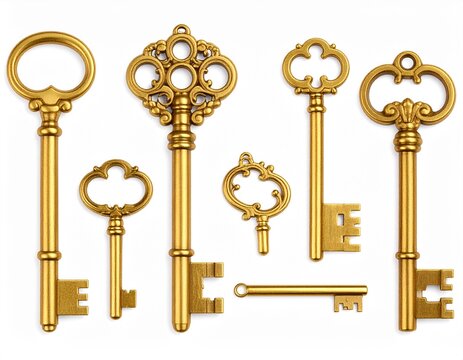 Set of old-fashioned golden keys in 3D vector style, realistic metallic texture