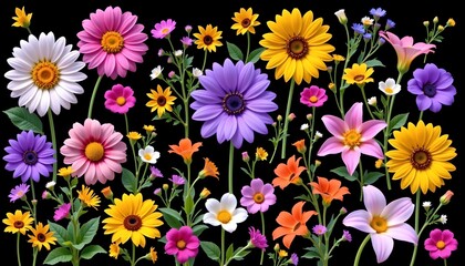 Fototapeta premium the image is a vibrant collage of various flowers against a dark background, there are several types of flowers visible, including large daisies, small wildflowers