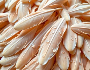 the image features a close up of feathers, the feathers are primarily delicate shades of off white and peach, they are clustered together, creating a soft, textured surface