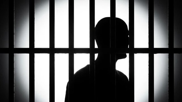 Silhouette Behind Bars: A stark silhouette of a person is seen from behind prison bars, a powerful visual representation of incarceration and confinement.