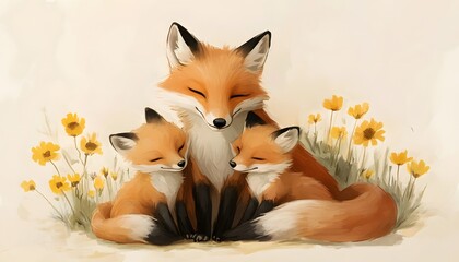 AI banner with cute fox family, Mother's Day.