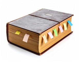 Thick old book with colored sticky bookmarks on white surface